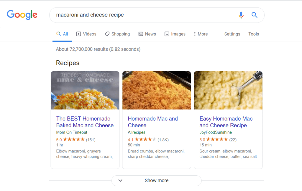 search for macaroni and cheese google rich results