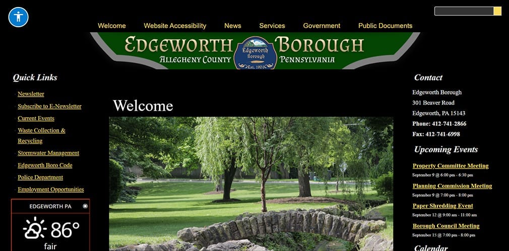 Edgeworth Borough Website - dark contrast with userway plugin