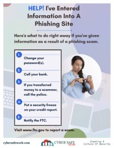 Help I've entered information into a phishing site! What to do if you've entered information into a phishing site. free cyber security poster
