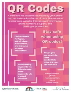 a free cyber security poster highlighting how scammers can hijack a QR code