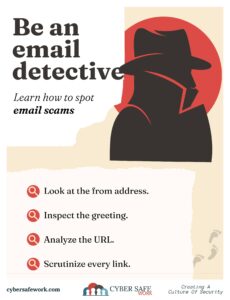 Become an email detective - free cyber security poster with black "cutout" type image of sleuth