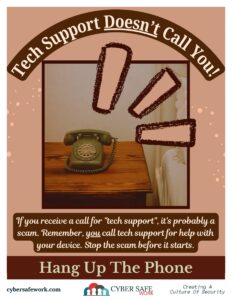 Free Cybersecurity Poster: Stop the scam before it starts. tech support doesn't call you. Hang up the phone.