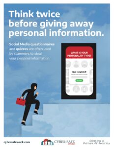 August 2024 free cyber security poster - be careful taking quizzes on social media platforms