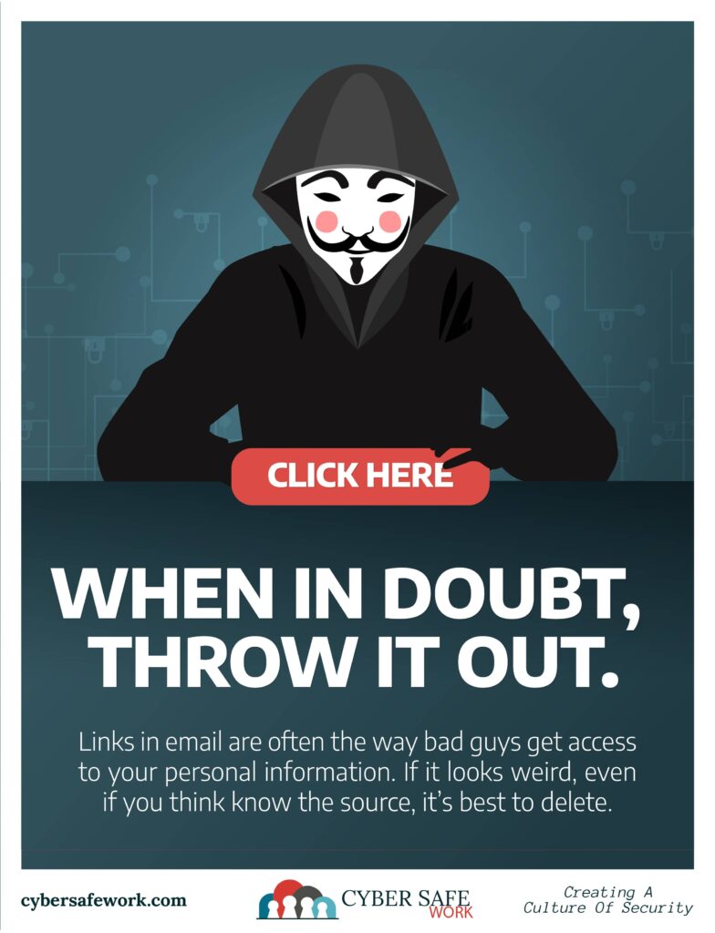 When in doubt, through it out. This free cyber security poster highlights what to do with suspicious email.