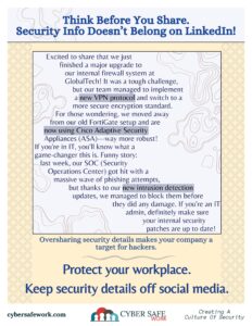 free cyber security poster depicting a LinkedIn post with a bunch of sensitive information