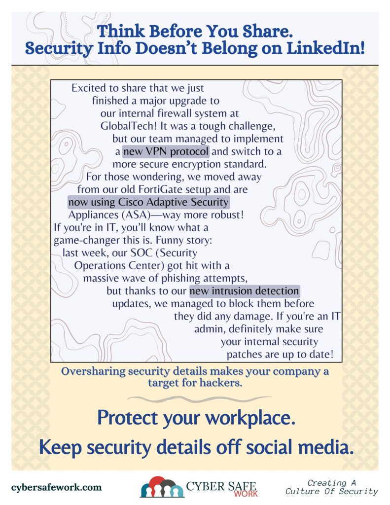 free cyber security poster depicting a LinkedIn post with a bunch of sensitive information
