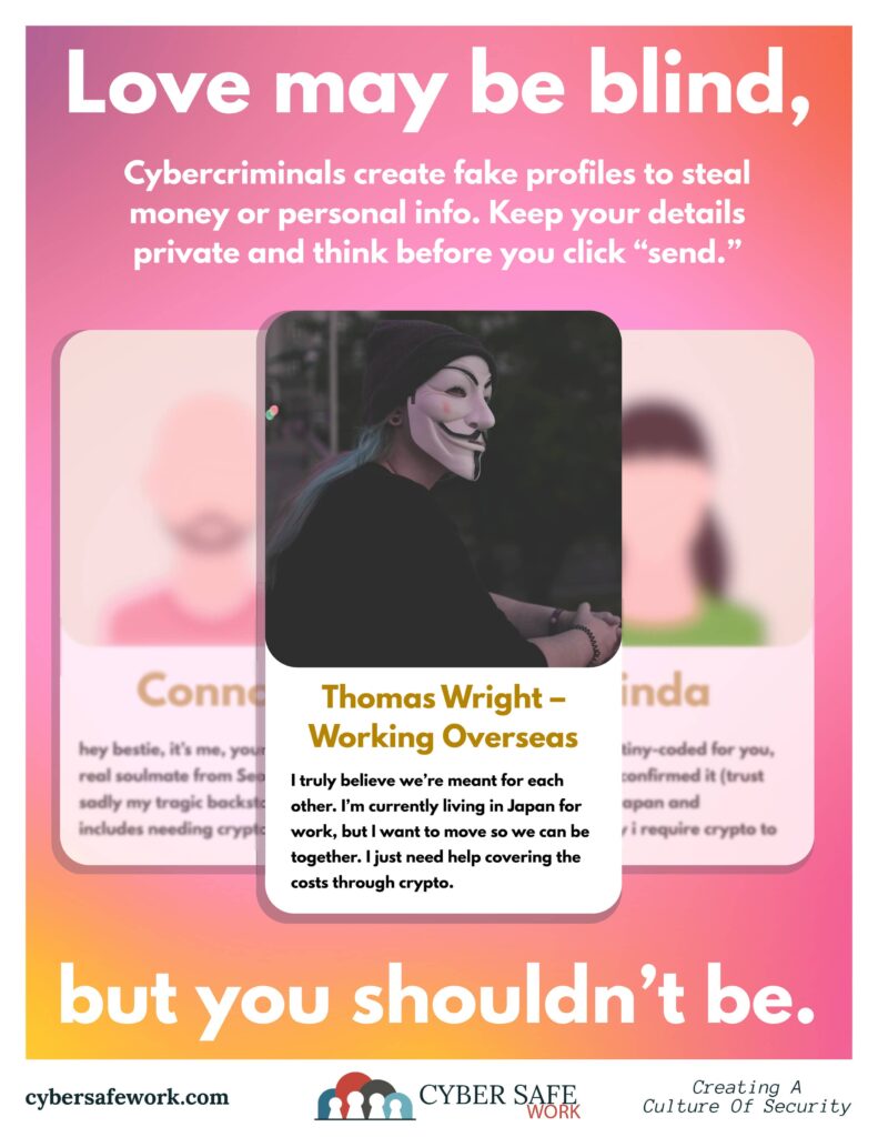 Love is blind romance scam free cyber security poster: dating profiles with hacker highlighted front and center "thomas wright - working overseas"