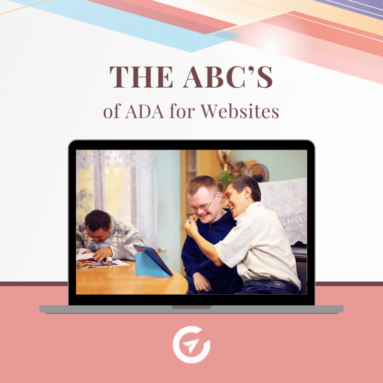 blog post title image: ABCs of ADA for your website: an easy to understand guide. image of computer screen with differently abled folks on the screen in front of an ipad.