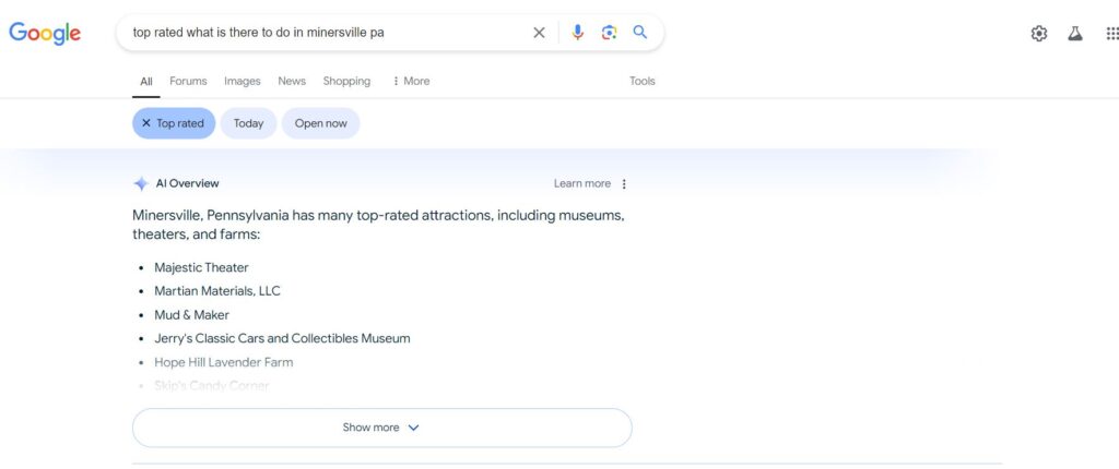 AI search results for what to do in Minersville PA
