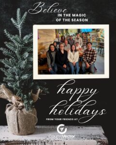 Believe in the magic of the season - small evergreen in burlap sack with CourseVector's team photo front and center