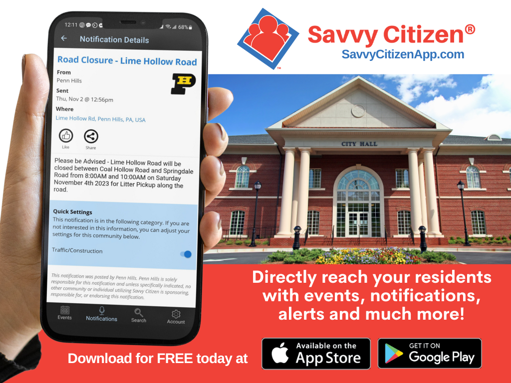 savvy citizen app on phone with government office in background