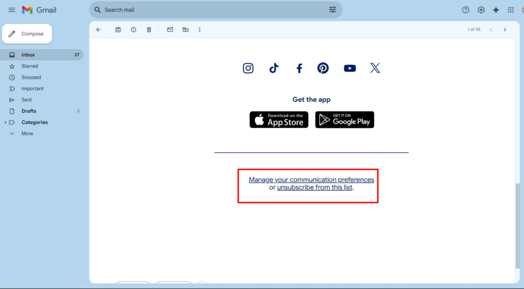 screenshot of gmail interface with mailing list controls highlighted