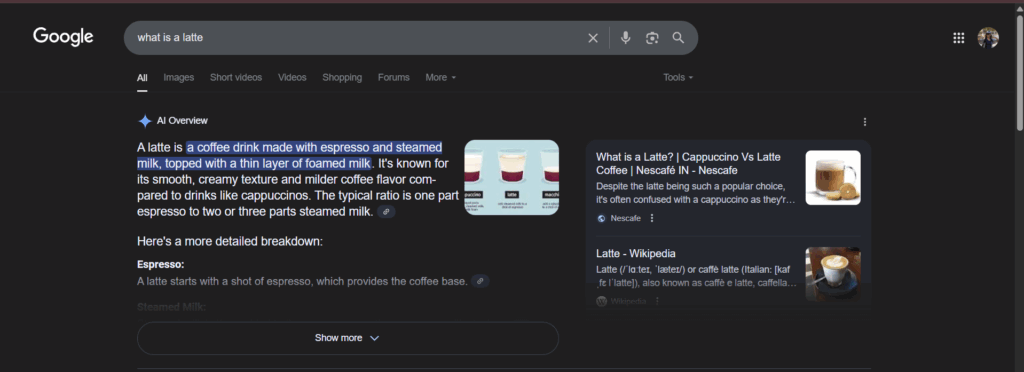 "what is a latte" zero-click search result example