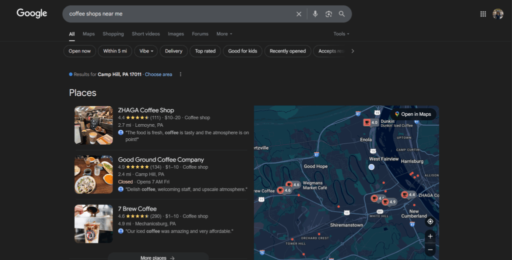 "coffee shops near me" zero click search results local pack results