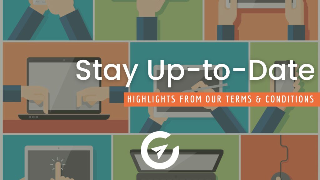 blog post banner - various tech drawing in background with bright colored backgrounds "Stay up to date"