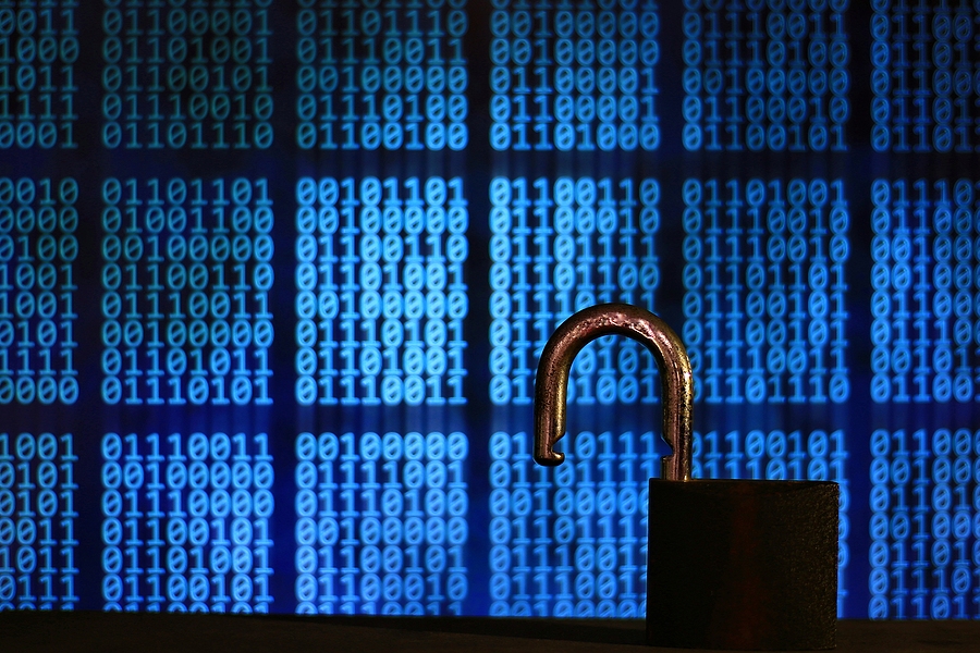 open padlock with blue computers in background