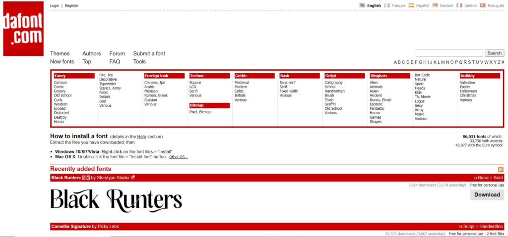 screenshot of dafont.com website