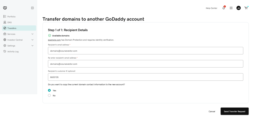 Domain Transfer GoDaddy to GoDaddy -
