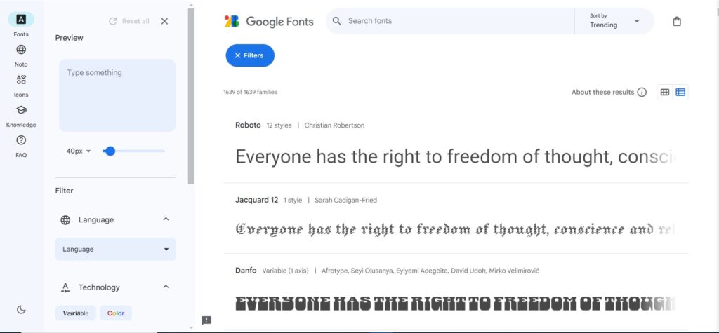 Google Font screenshot - Google Fonts is a great choice when choosing fonts for your WordPress Website