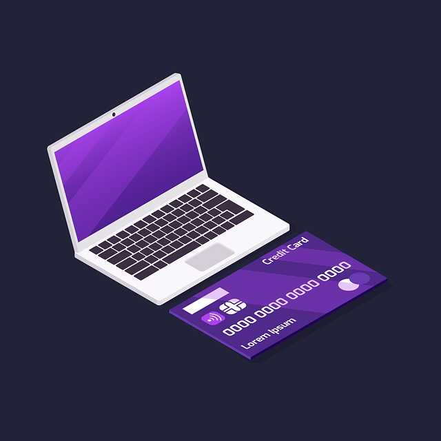 drawing of laptop with purple screen with large purple credit card to represent ecommerce payment options