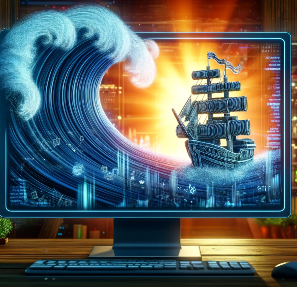 Navigating Google's algorithm changes with a ship splashing out of a computer.