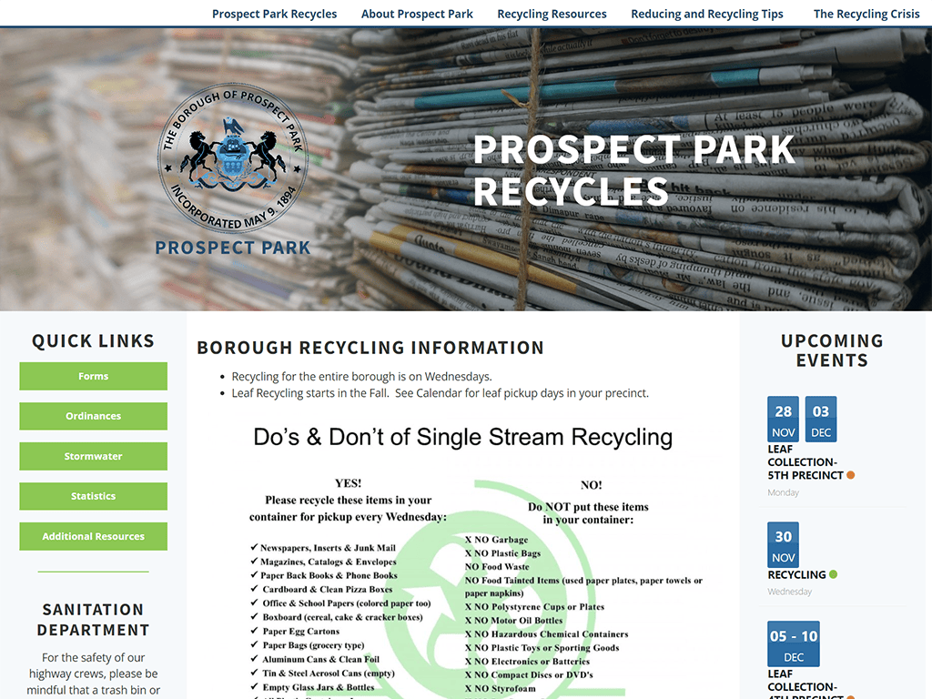 Prospect Park Recycles website