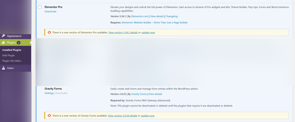 screenshot of a wordpress site that needs updates