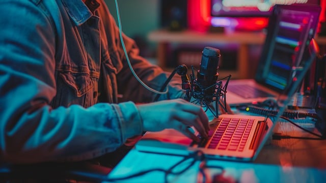person's hands typing transcription of audio or video on keyboard with microphone present - lighting is blue and red to make the photograph more interesting