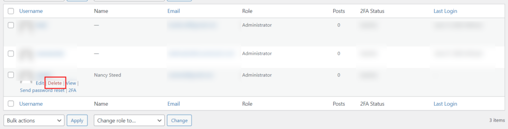 delete user in WordPress